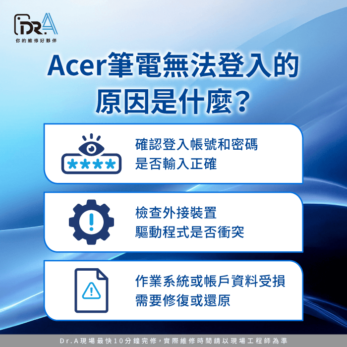 Acer筆電無法登入-Acer筆電登不進去